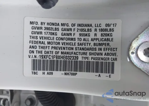 2017 Honda Civic Touring z USA, uszkodzony, nr VIN 19XFC1F9XHE032339